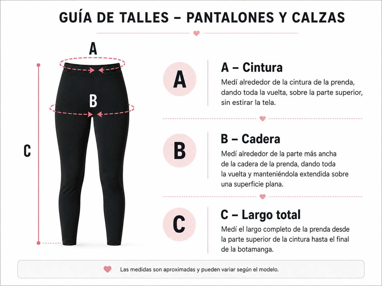 Gu&iacute;a visual de pantalones y calzas con referencias A, B y C.
